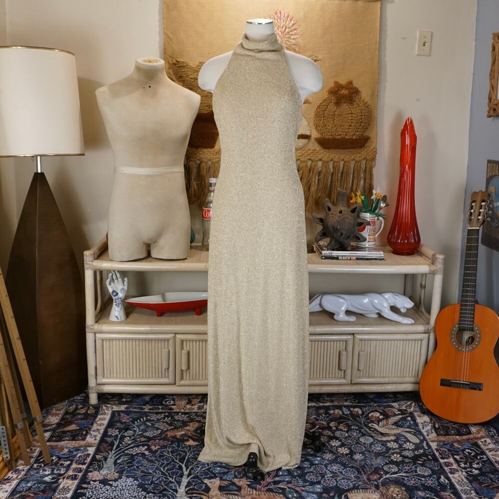 Vintage Scott McClintock champagne halter high neck maxi gown dress